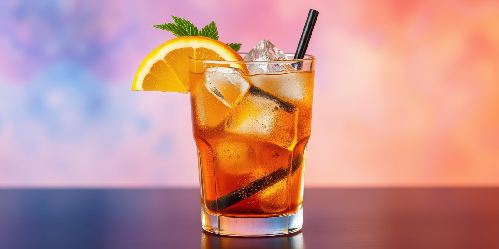 Refreshing iced cocktail with orange slice and mint displayed on a colorful background